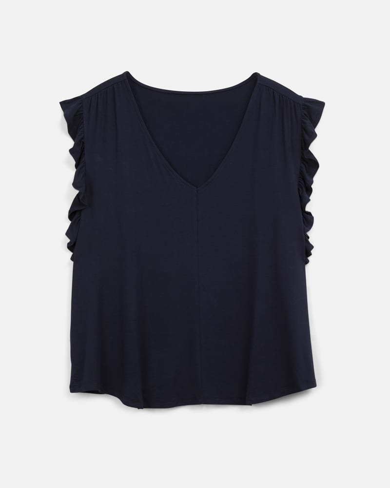 Front of a size 1X Alayah Ruffle Detail Top in Navy by Truth. | dia_product_style_image_id:207029